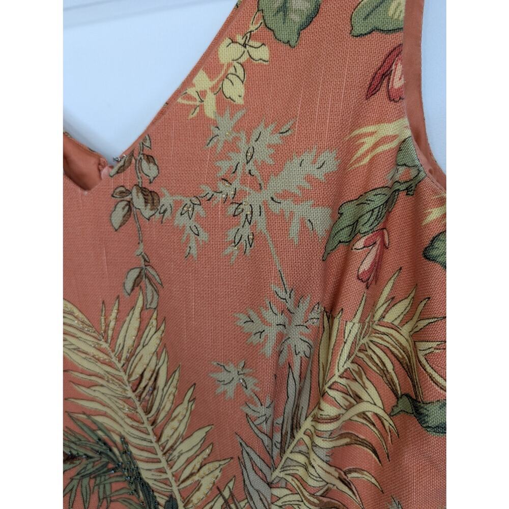 Talbots 12P Orange Tropical Palm Print Hawaaiin Sheath Dress V Neck Seed Beading - Picture 8 of 13